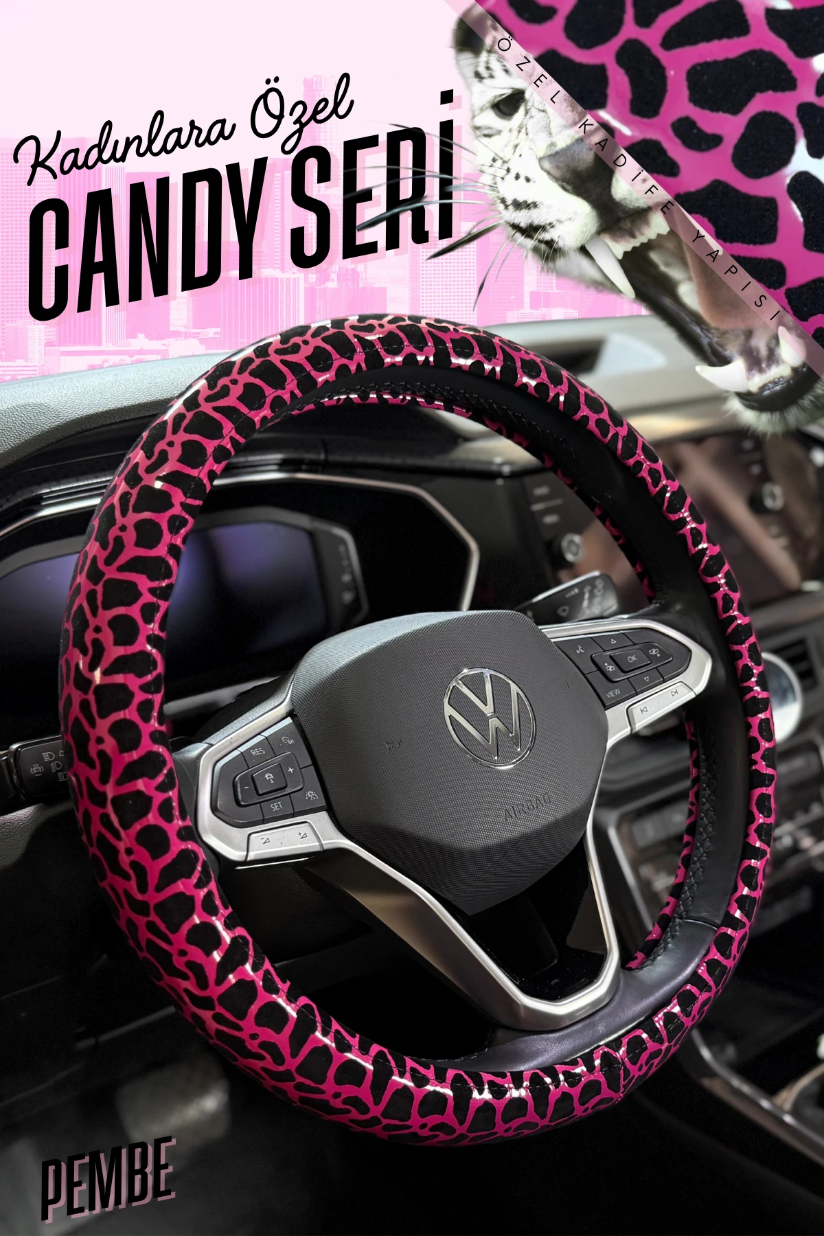 Candy Serisi Özel Kadife Dolgulu Direksiyon Kılıfı - PEMBE