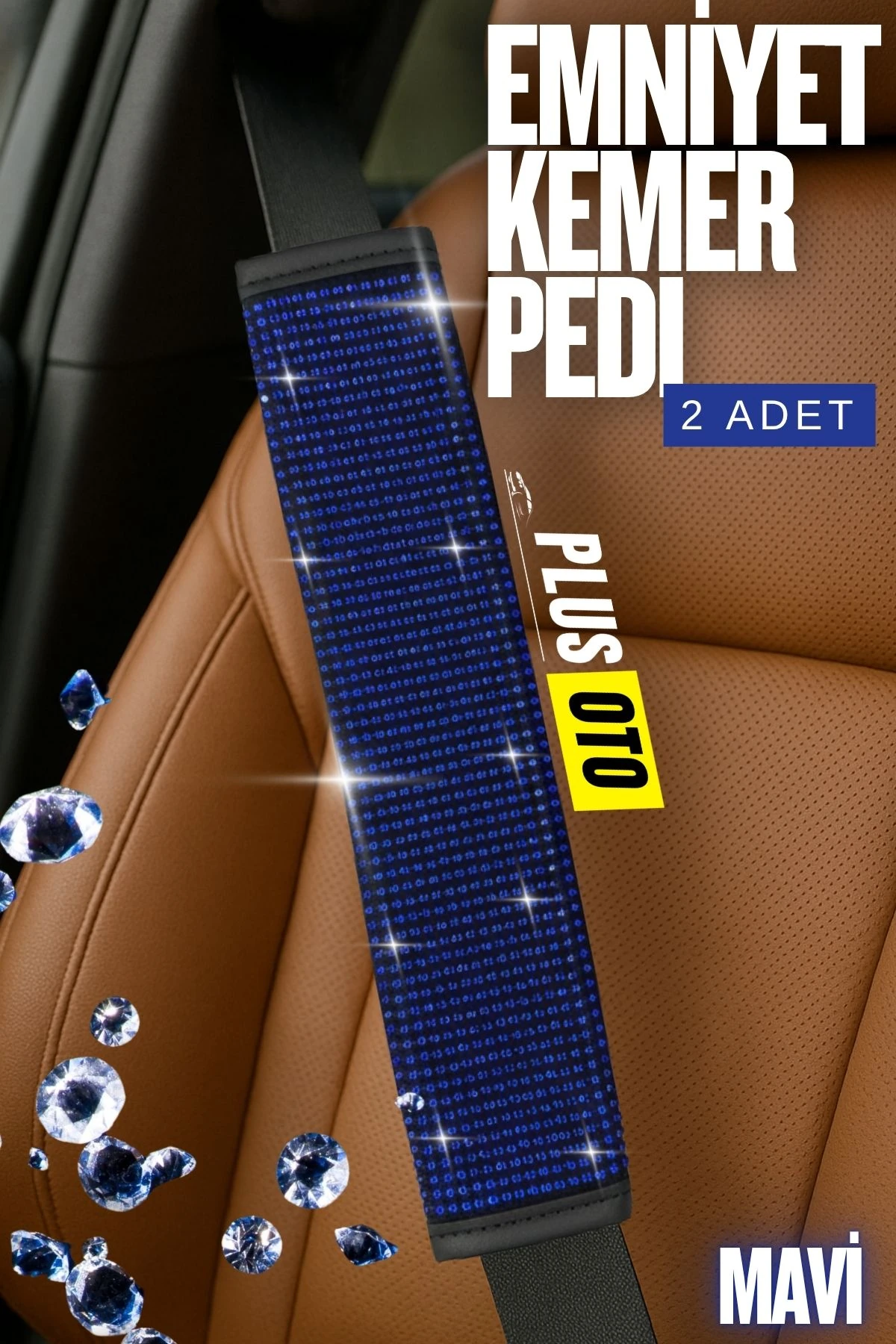 Paris Seri Full Taşlı Emniyet Kemer Pedi 2 Adet - MAVİ