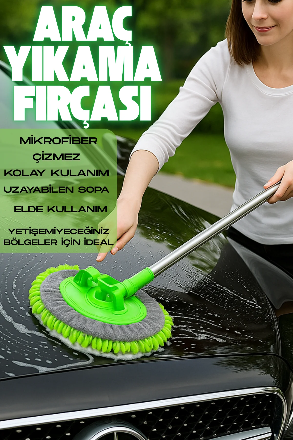 Araba Yıkama Fırçası Oto Yıkama Mop Mikrofiber Bezli Uzayabilir Saplı Çizdirmez Araç Yıkama Bezi