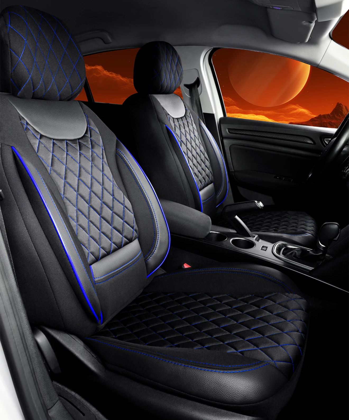 Venüs Serisi 5'li Tam Takım Deri Detaylı Oto Koltuk Kılıfı - SİYAH MAVİ