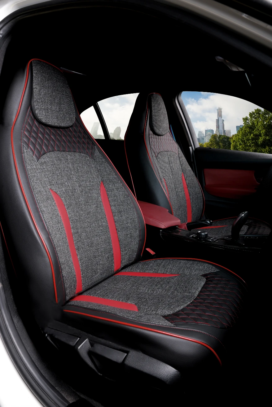 Özel AMG Tasarım Venom Serisi Deri Keten Karışımı Oto Koltuk Kılıfı 5’li Tam Set - SİYAH BORDO