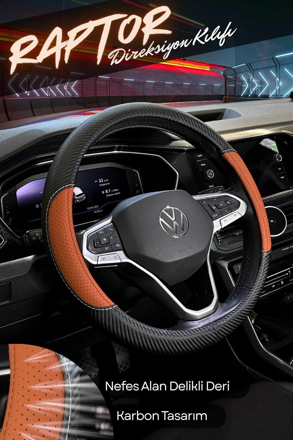 Raptor Serisi Delikli Deri Direksiyon Kılıfı - TABA