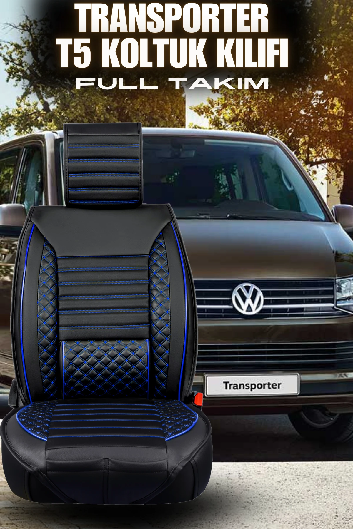 Transporter Plus Lüks Deri Oto Koltuk Kılıfı - SİYAH MAVİ