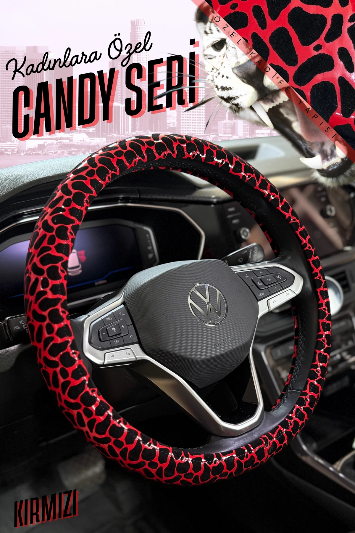 Candy Serisi Özel Kadife Dolgulu Direksiyon Kılıfı - KIRMIZI