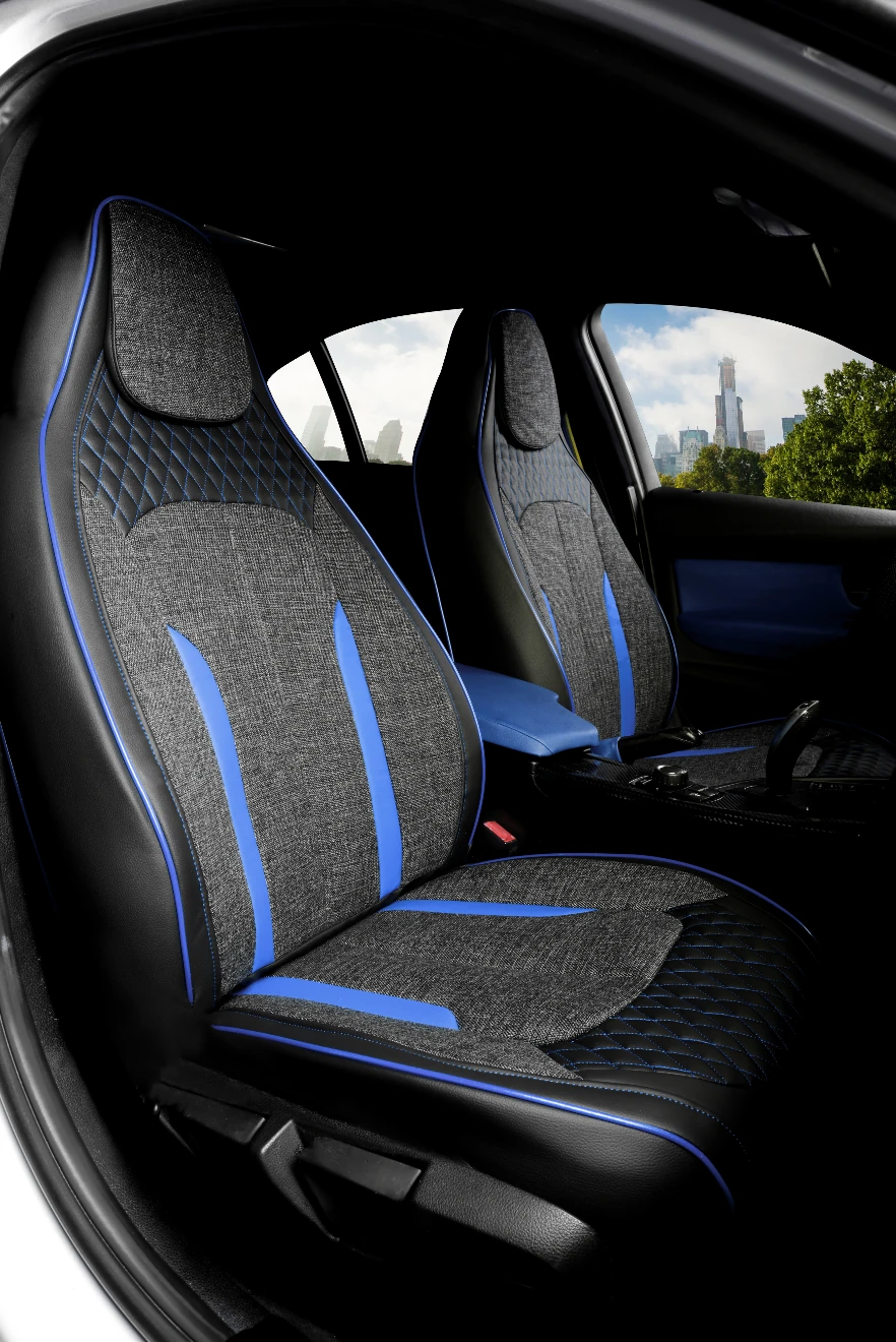 Özel AMG Tasarım Venom Serisi Deri Keten Karışımı Oto Koltuk Kılıfı 5’li Tam Set - SİYAH MAVİ