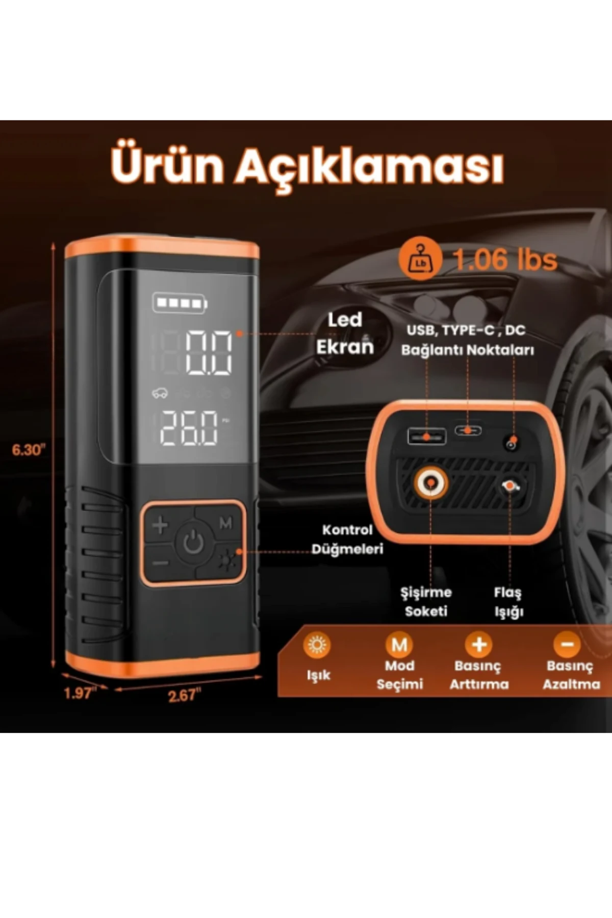 Taşınabilir Hava Kompresörü Araba Bisiklet Top Motor Lastik Şişirme Şarjlı Powerbank Çoklu Kullanım