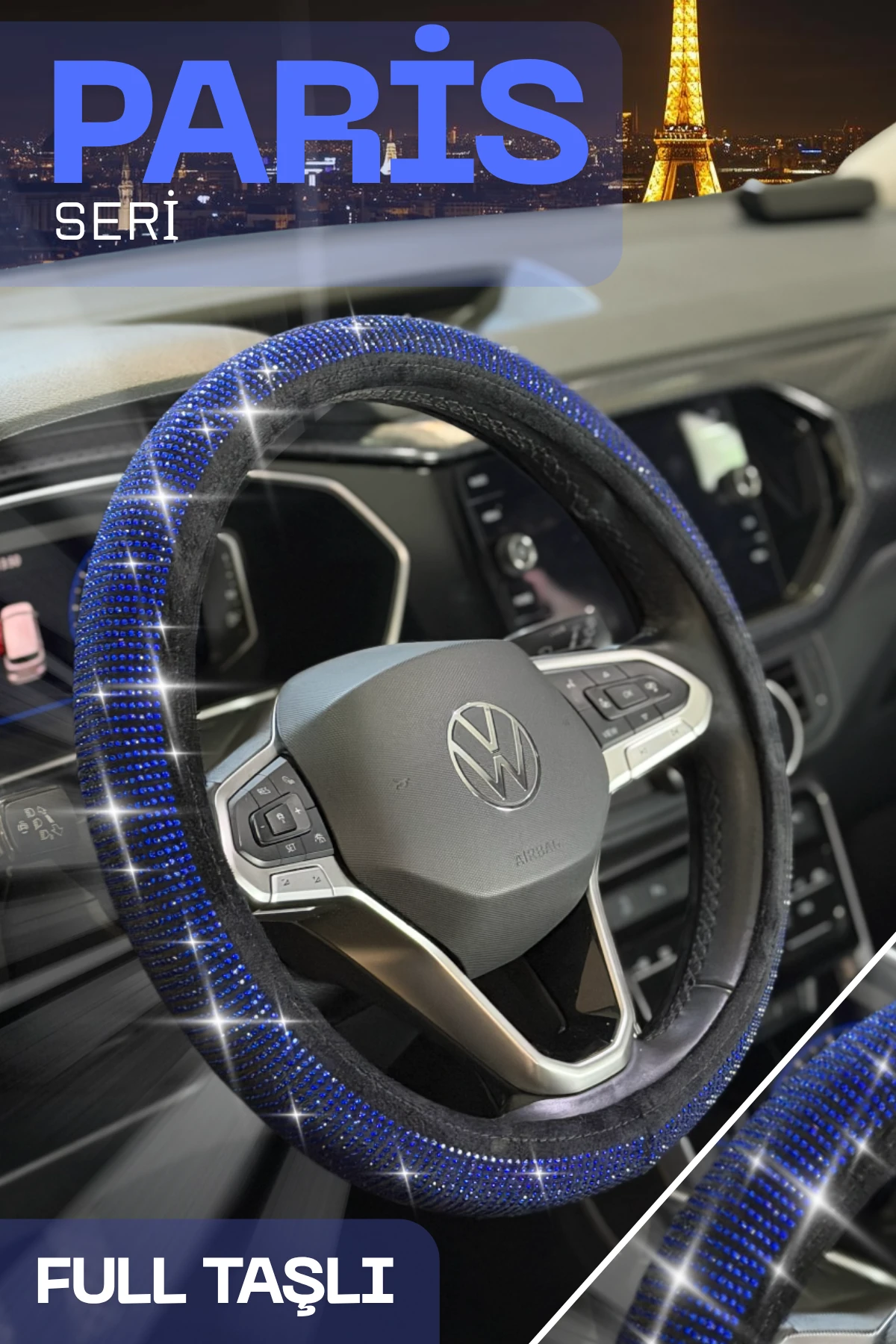 Paris serisi Full Daimond Taşlı Direksiyon Kılıfı - MAVİ