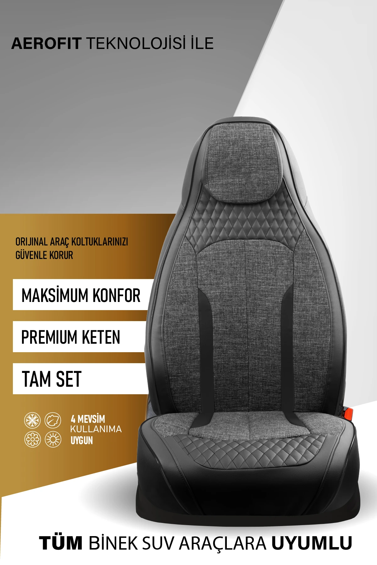 Özel AMG Tasarım Venom Serisi Deri Keten Karışımı Oto Koltuk Kılıfı 5’li Tam Set