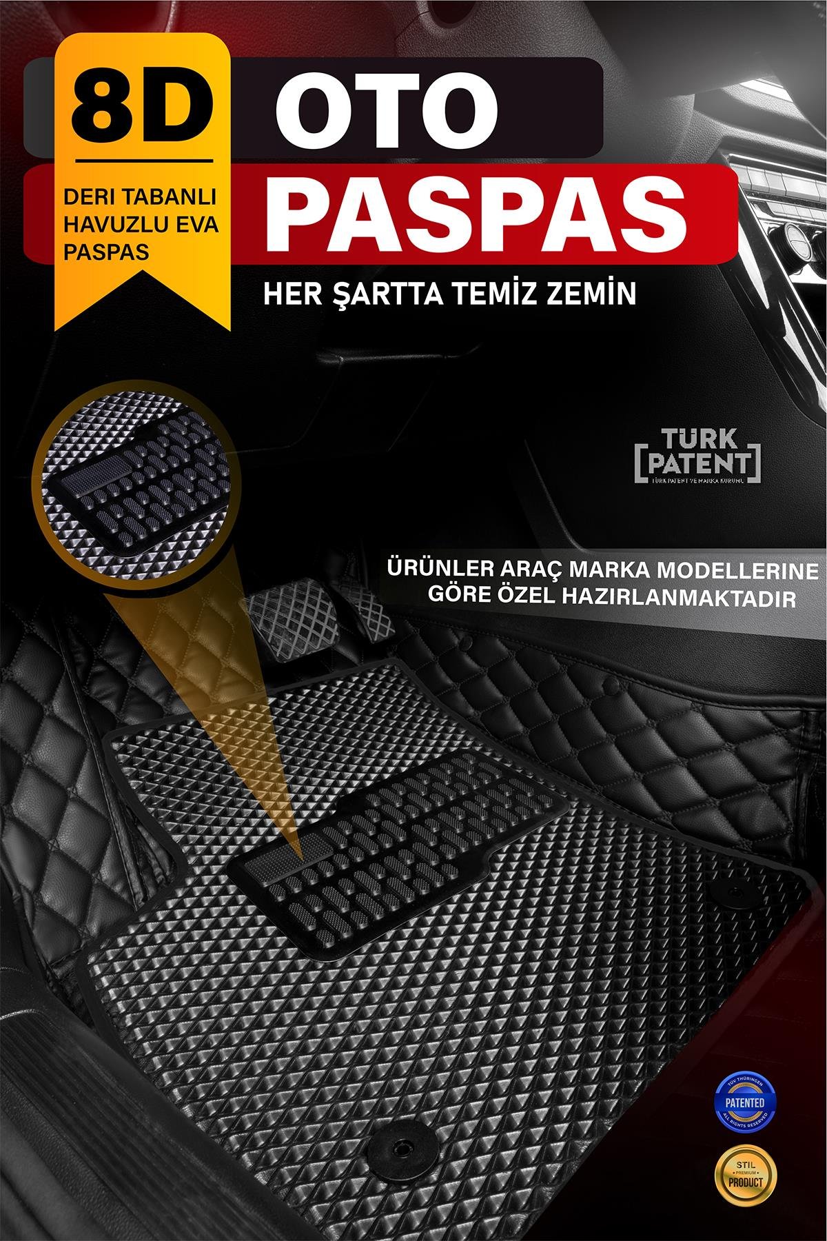 Araca Özel 8D Evalı Deri Taban Kaplama - SİYAH