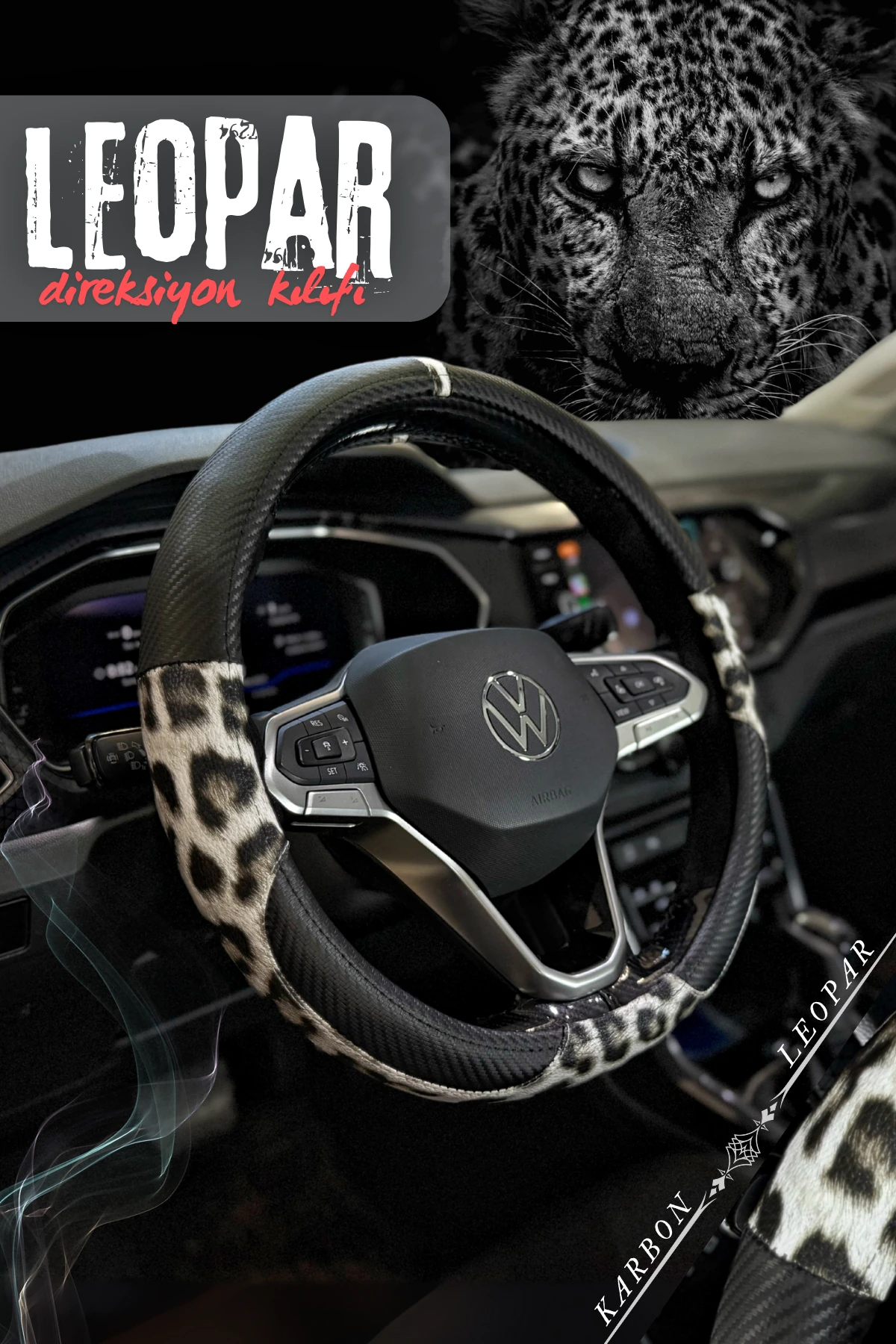 Leopar Karbon Direksiyon Kılıfı  - BEYAZ