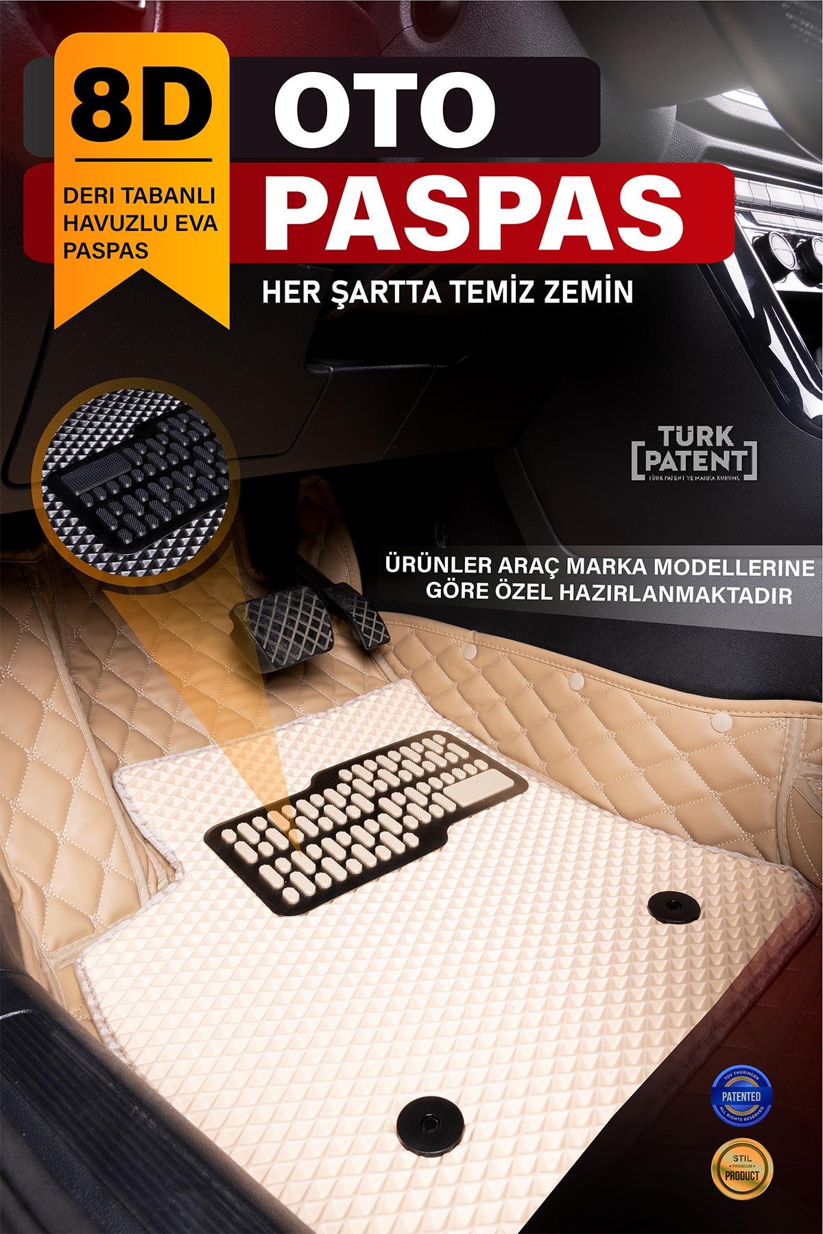 Araca Özel 8D Evalı Deri Taban Kaplama - BEJ