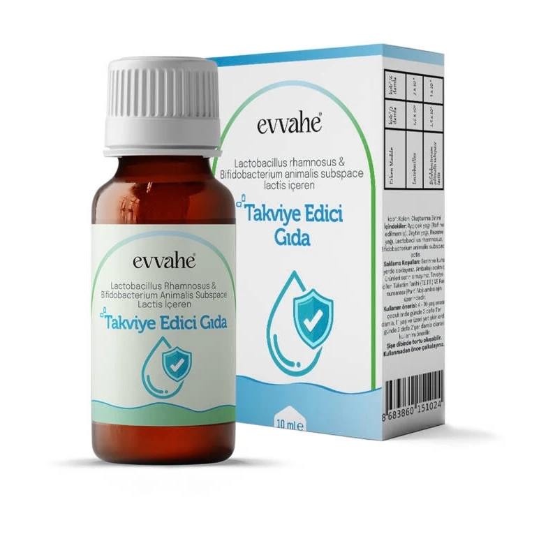 Evvahe Probiyotik Damla 10ml (Lactobacillus rhamnosus & Bifidobacterium animalis subspace lactis içeren Takviye edici gıda)