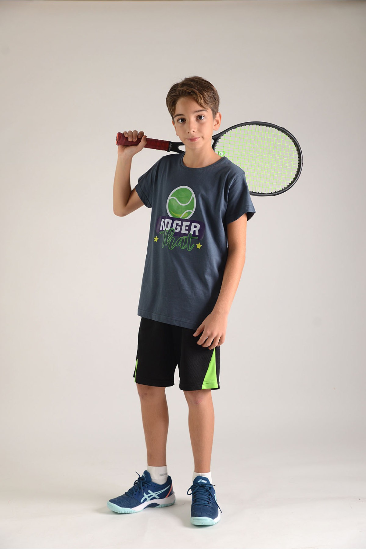 Unisex Çocuk Pamuklu Tenis Temalı Baskılı Tshirt  "Roger That" Gri