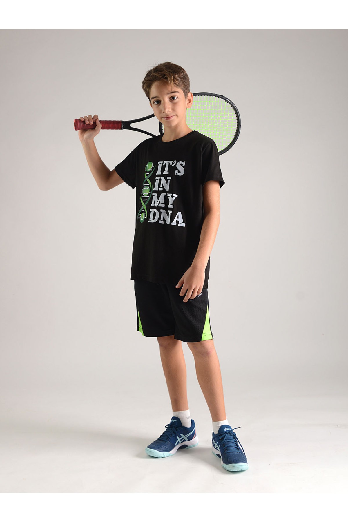 Unisex Çocuk Pamuklu Tenis Temalı Baskılı Tshirt  "DNA" Siyah
