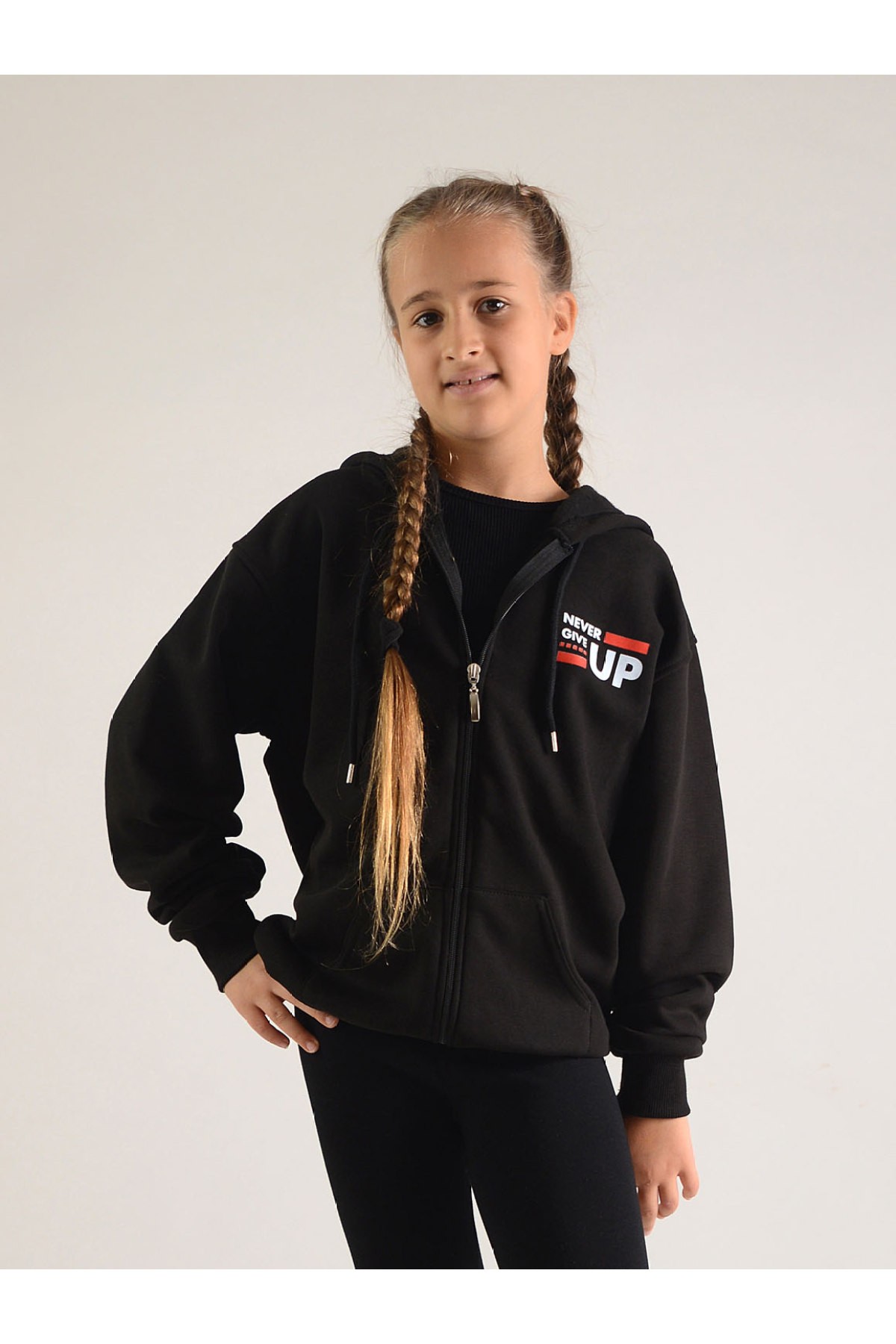 Kids Unisex Cotton Hoodie Never Give Up Printed Black SSUWZ4 