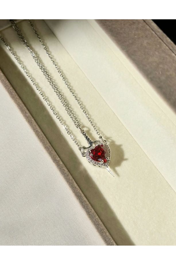 Çelik Kırmızı Kalp ve Kılıç Sevgili Çift Kolyesi