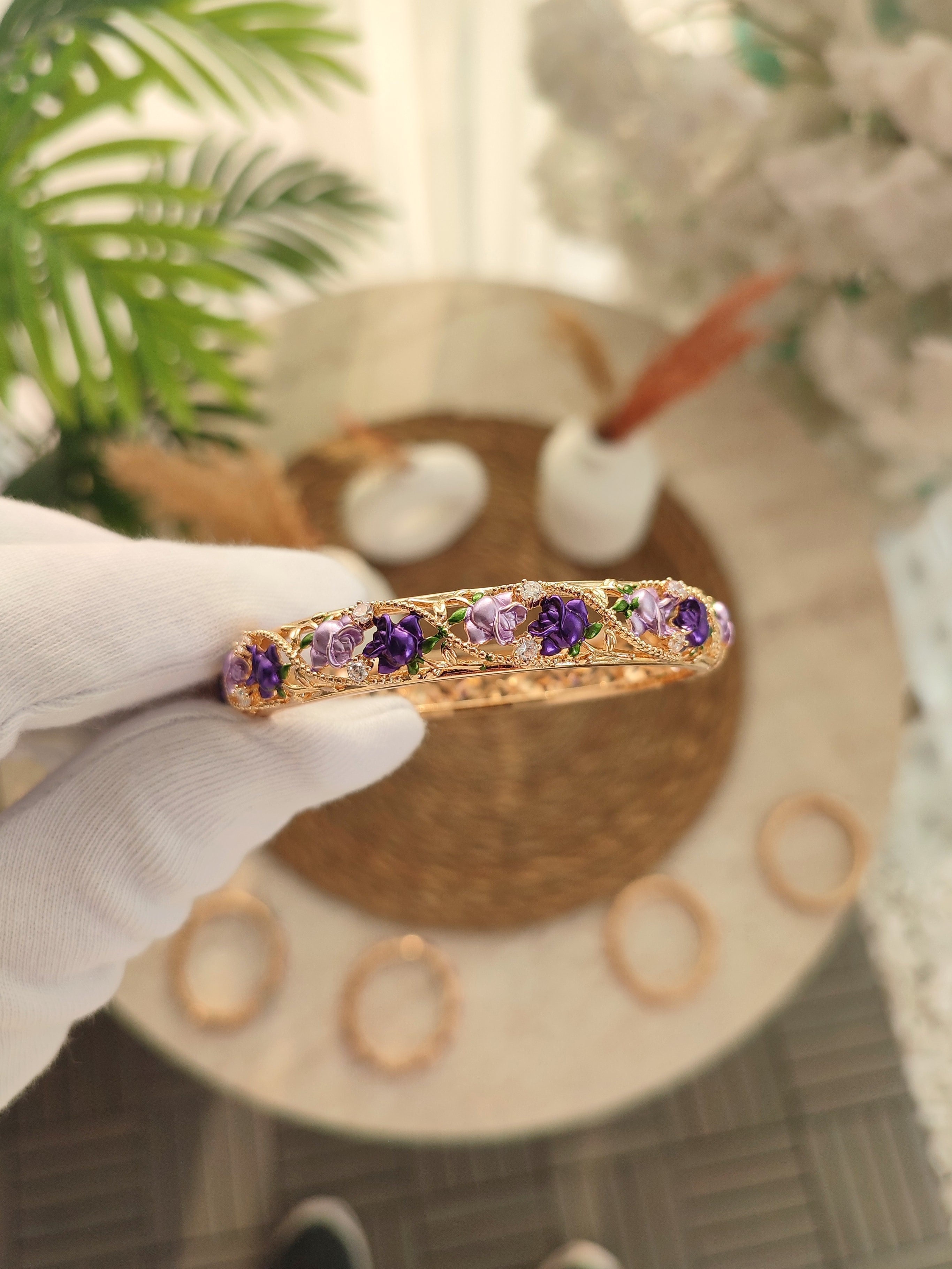 Kadın Mineli Renkli Gül Desen Vintage Bileklik