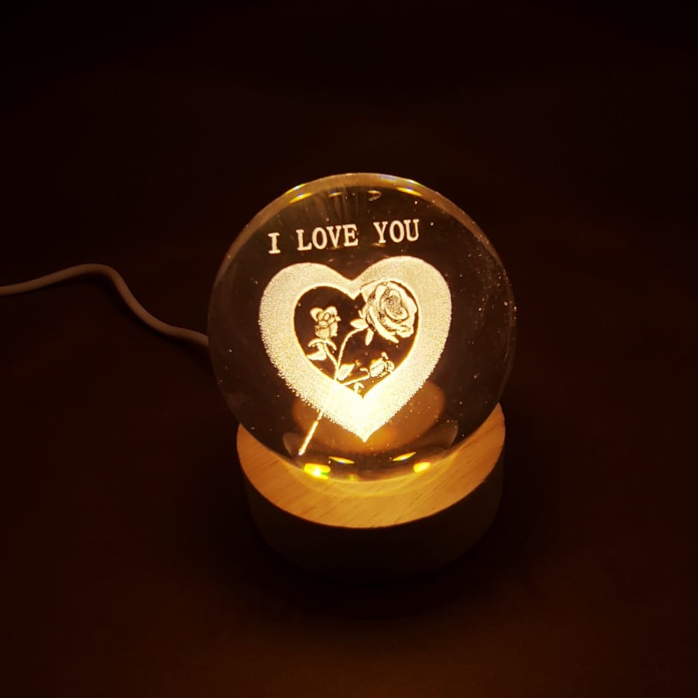 Kalpli Gül I Love You Işıklı Usb'li Hediyelik Cam Küre