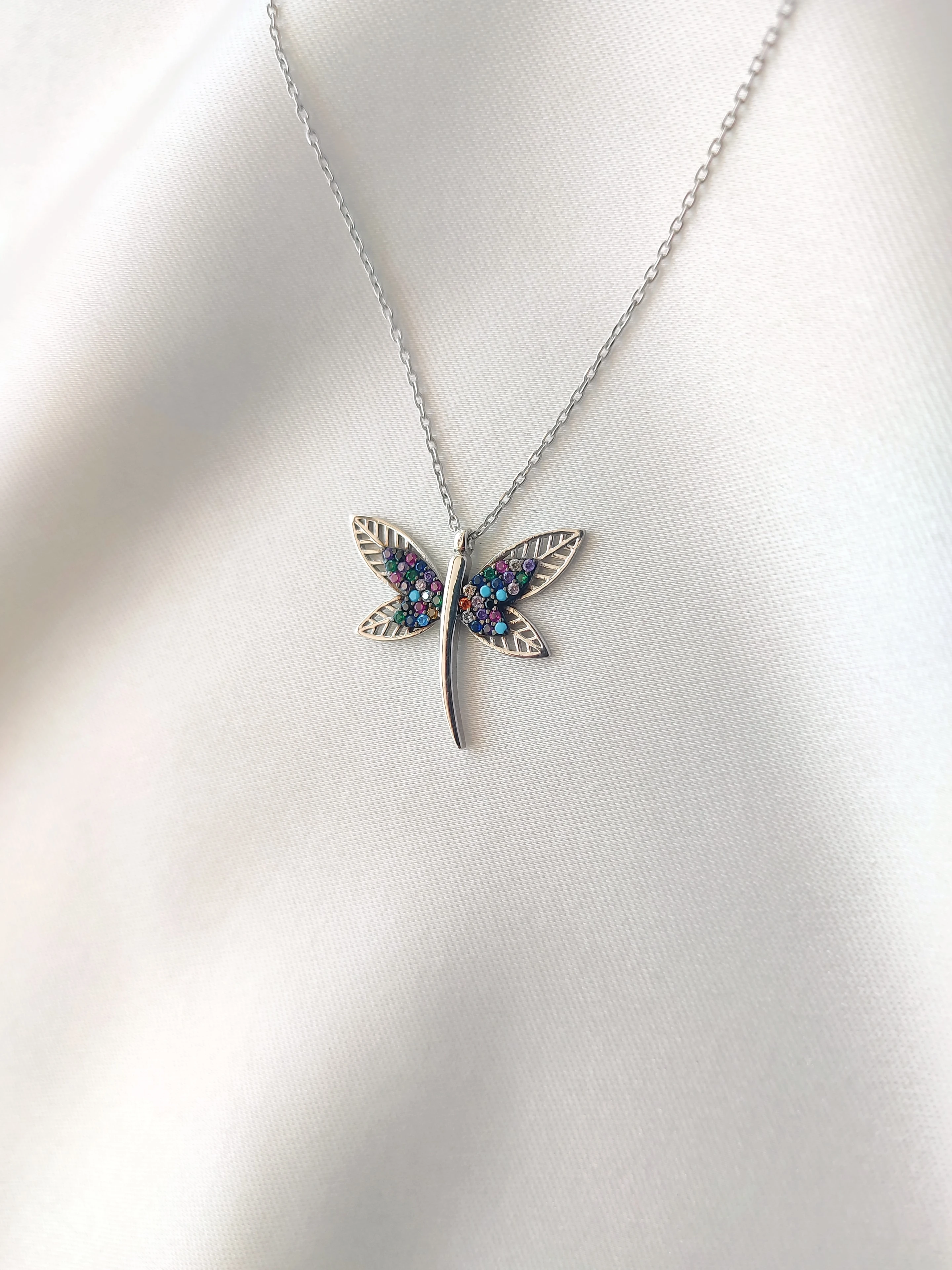 925 Ayar Gümüş Zirkon Taşlı Yusufçuk Kolye (Geniş)