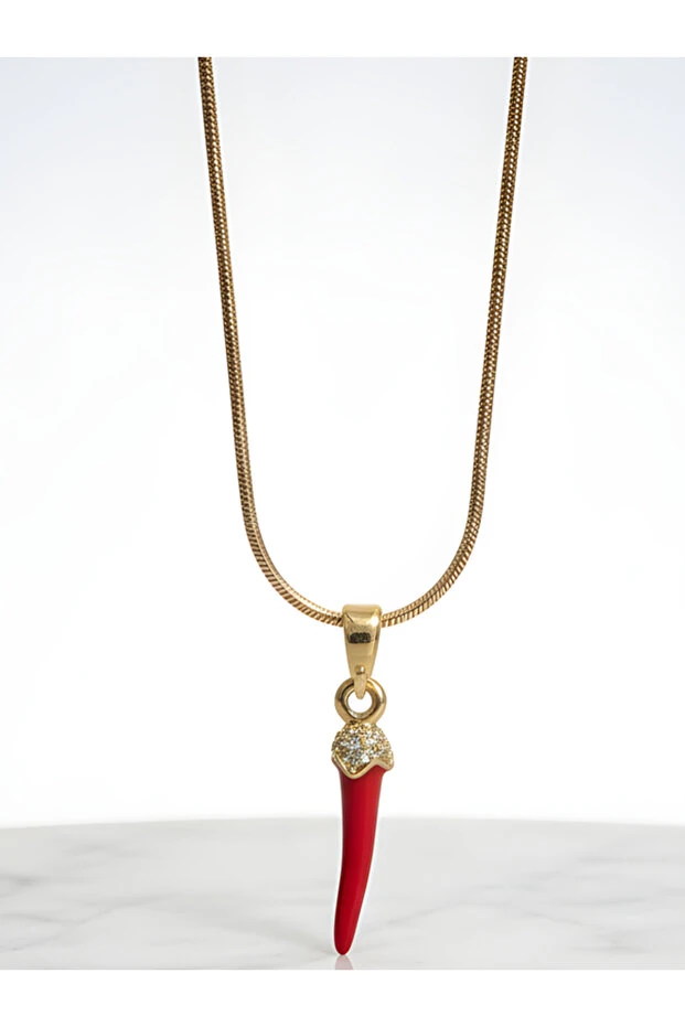 Kadın Çelik Gold Kırmızı Biber Model Şans Kolye