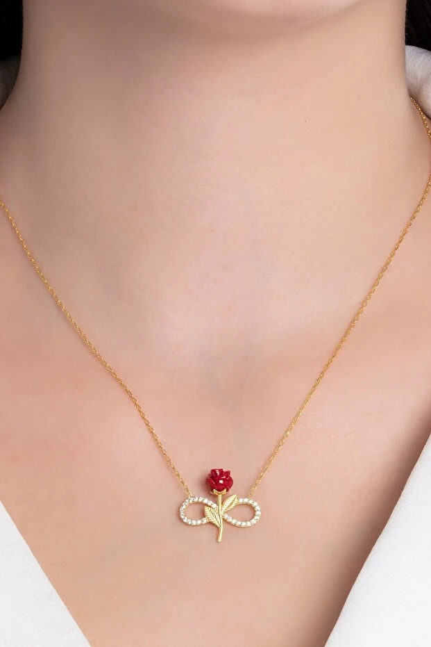 925 Ayar Gümüş Sonsuzluk Kırmızı Gül Kolye