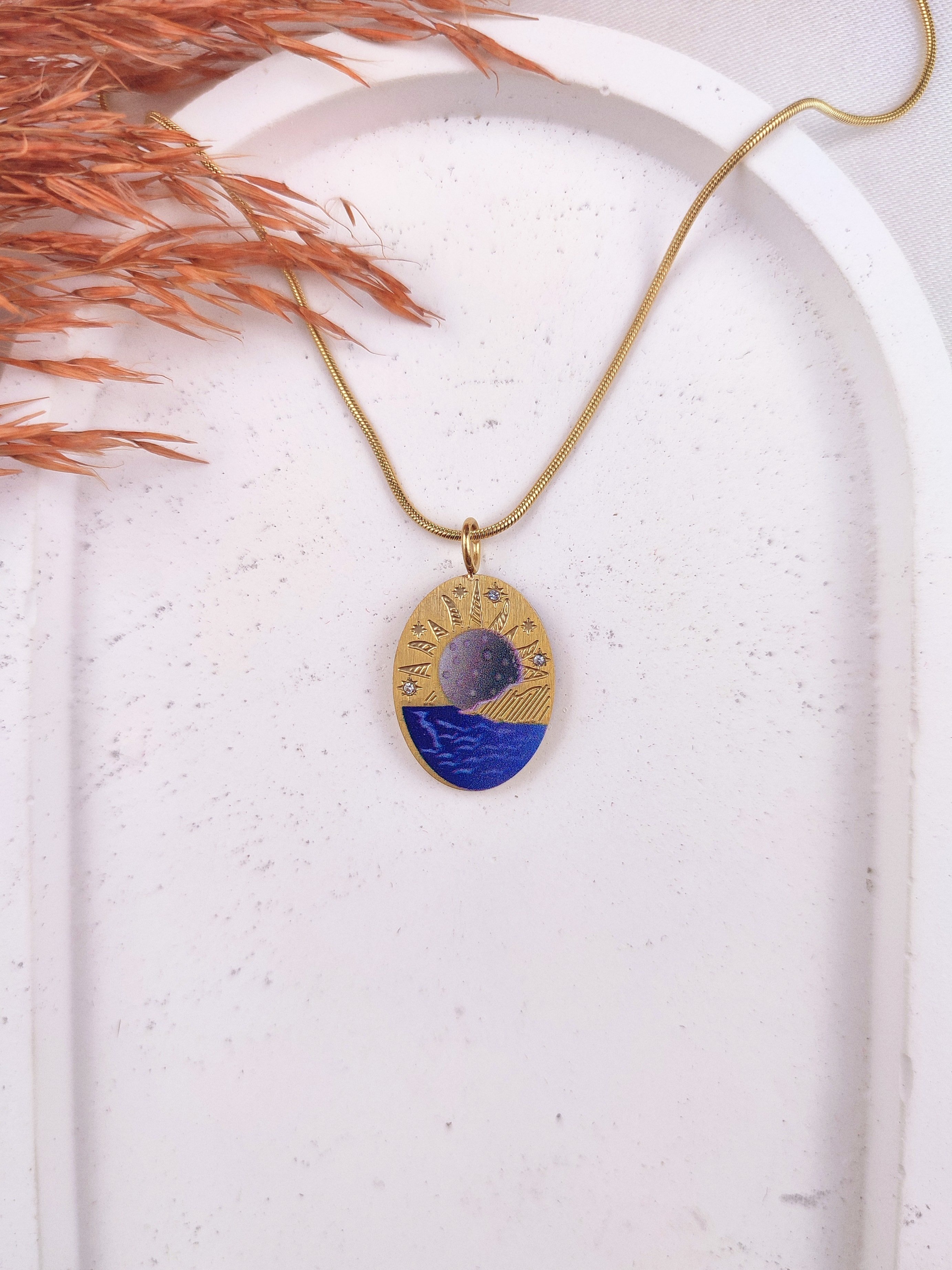 Kadın Çelik Gold Gün Batımı Sunset Vintage Kolye