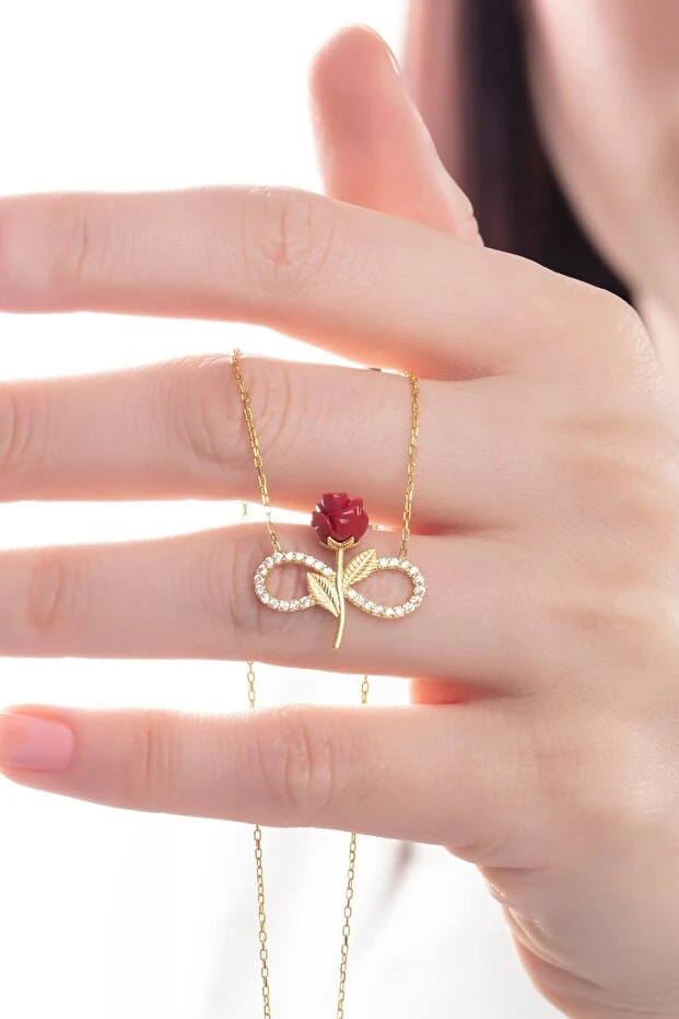 925 Ayar Gümüş Sonsuzluk Kırmızı Gül Kolye