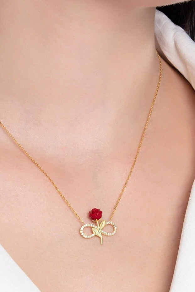 925 Ayar Gümüş Sonsuzluk Kırmızı Gül Kolye