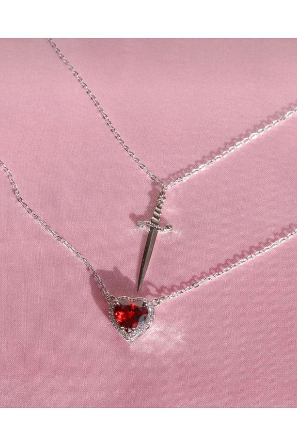 Çelik Kırmızı Kalp ve Kılıç Sevgili Çift Kolyesi