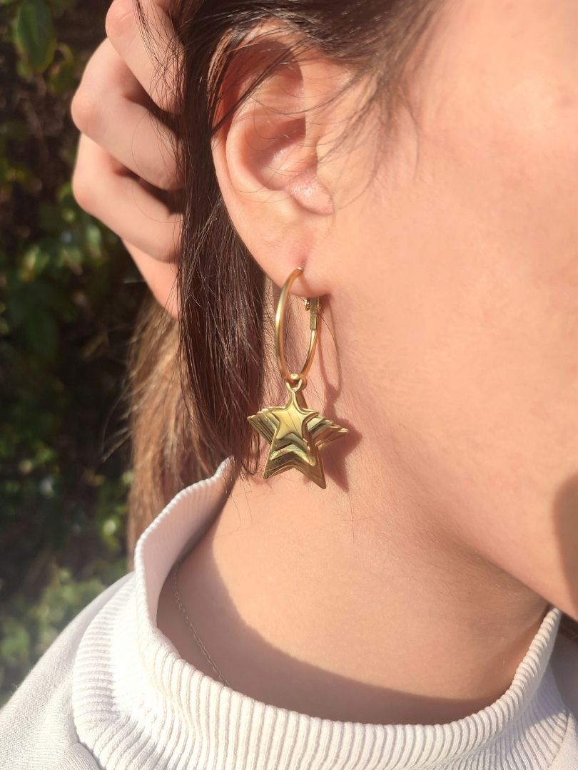 Paslanmaz Çelik Kadın Gold Sıralı Yıldız Sallantılı Küpe