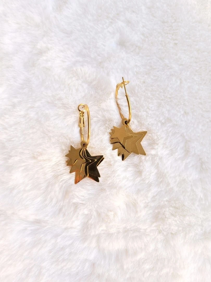 Paslanmaz Çelik Kadın Gold Sıralı Yıldız Sallantılı Küpe