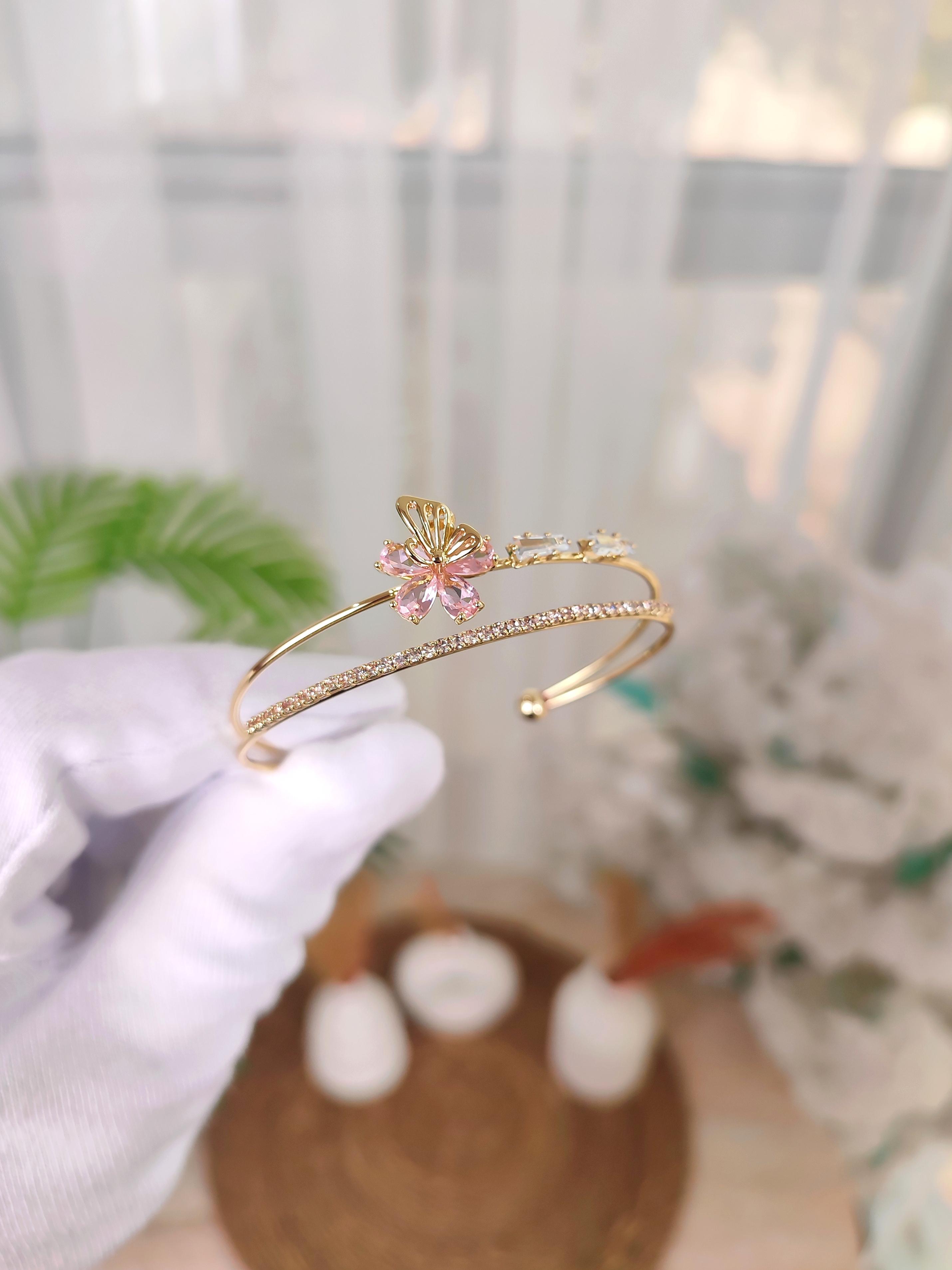 Kadın Zirkon Taşlı Pembe Çiçek Model Bileklik