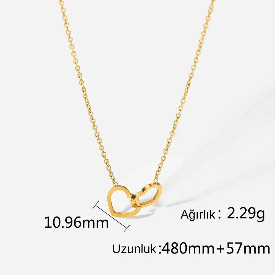 14 Ayar Altın Kaplama İç İçe Çift Kalp Kolye