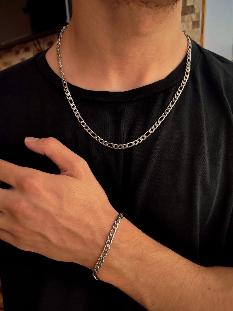 Paslanmaz Çelik Figaro Model Yassı Zincir Erkek Kolye Ve Bileklik Seti