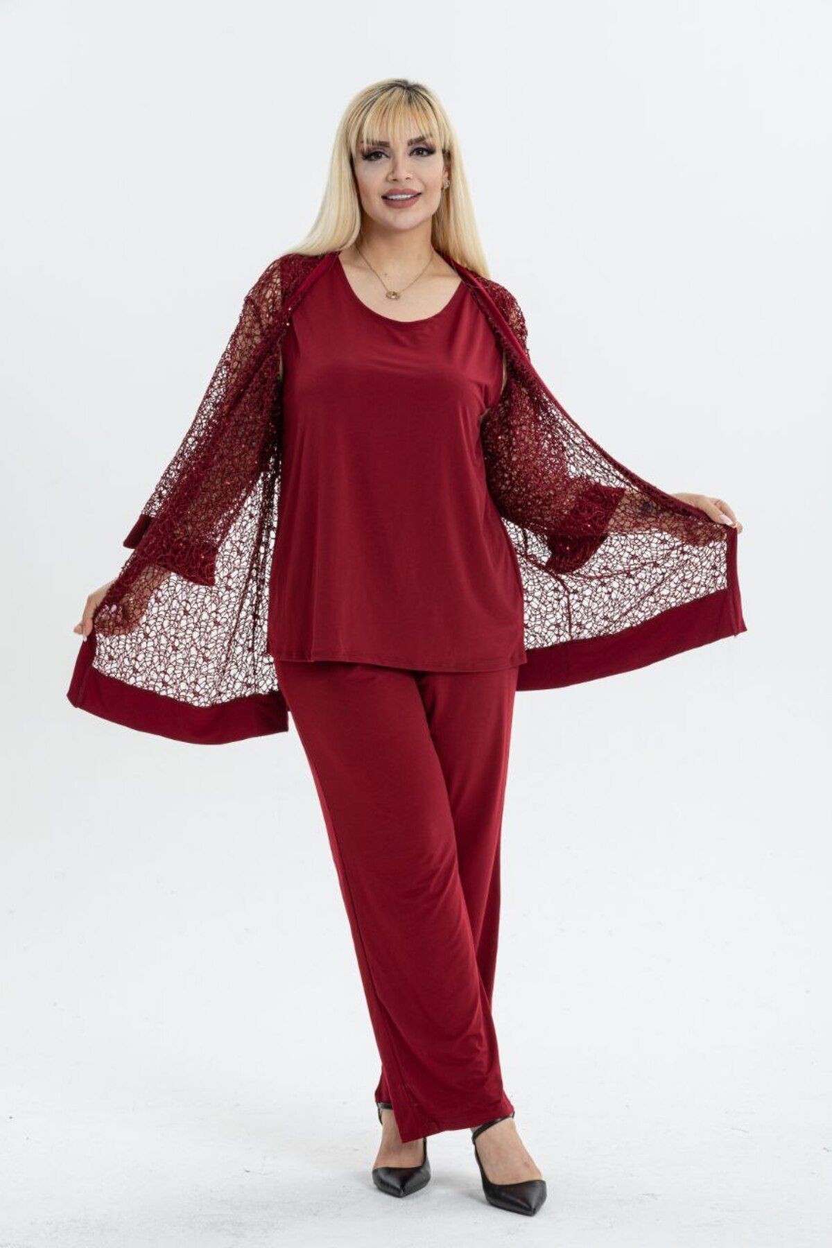BÜYÜK BEDEN DANTELLİ HIRKA İÇ BLUZ VE PANTOLON 3LÜ TAKIM