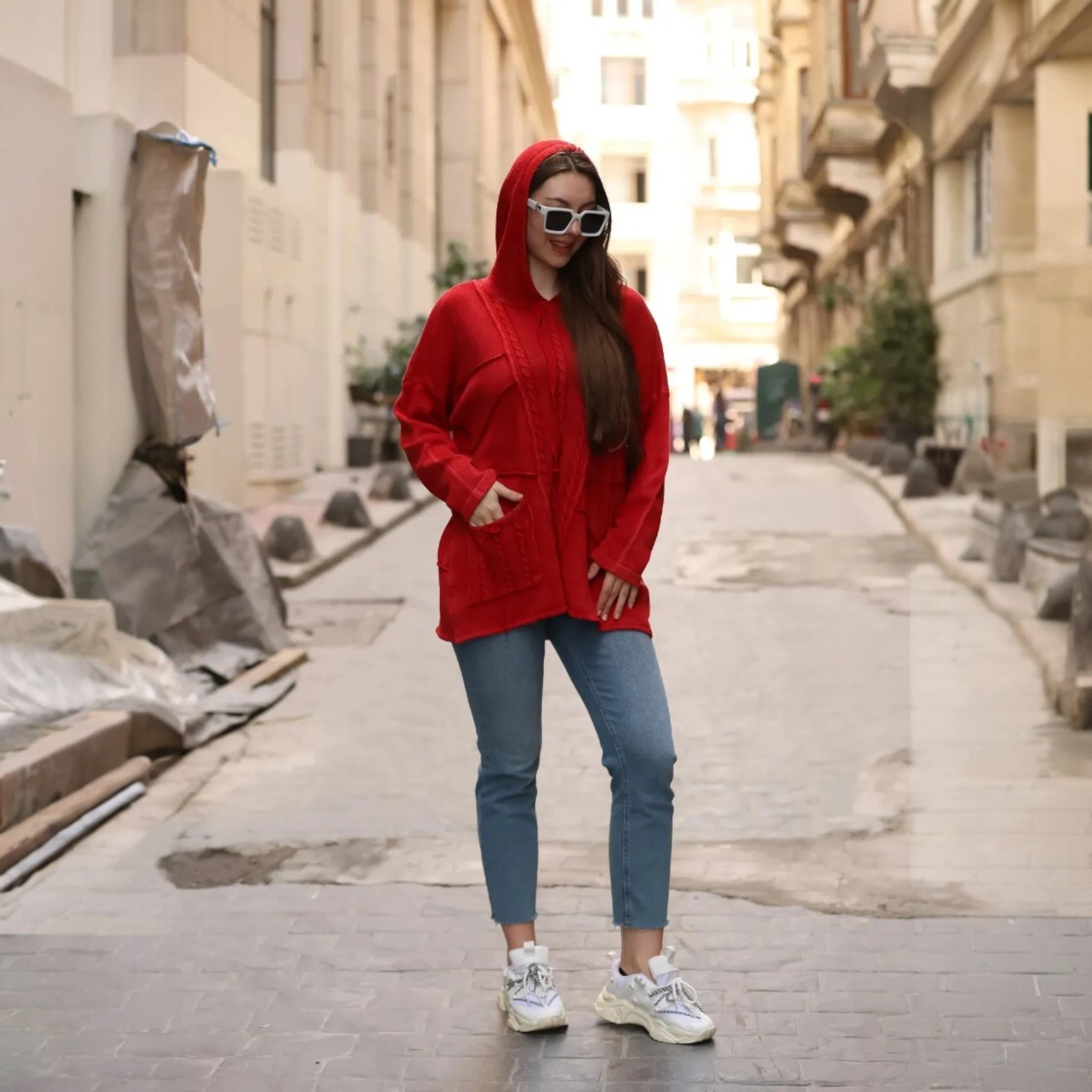 Kadın Kapüşonlu Önden Tek Cepli Etnik  Pamuklu Kazak