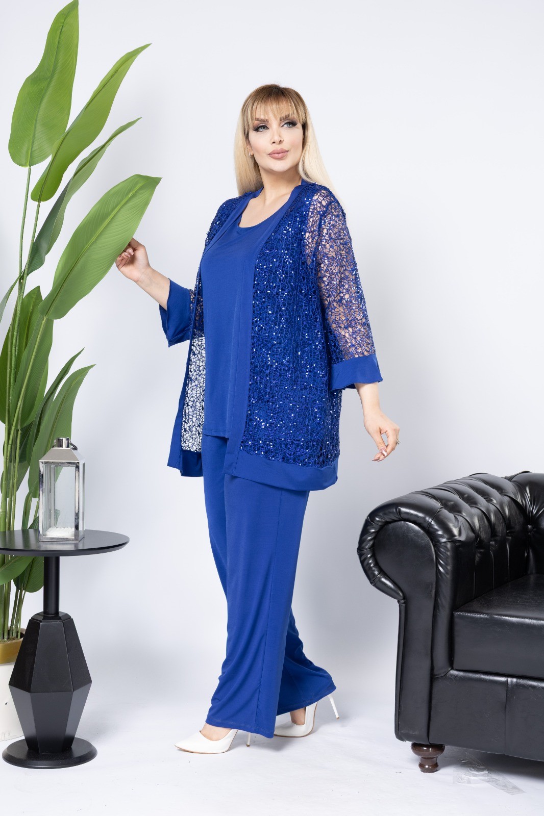 Saks Mavisi Abiye Büyük Beden Hırka Bluz Pantolon 3Lü Takım