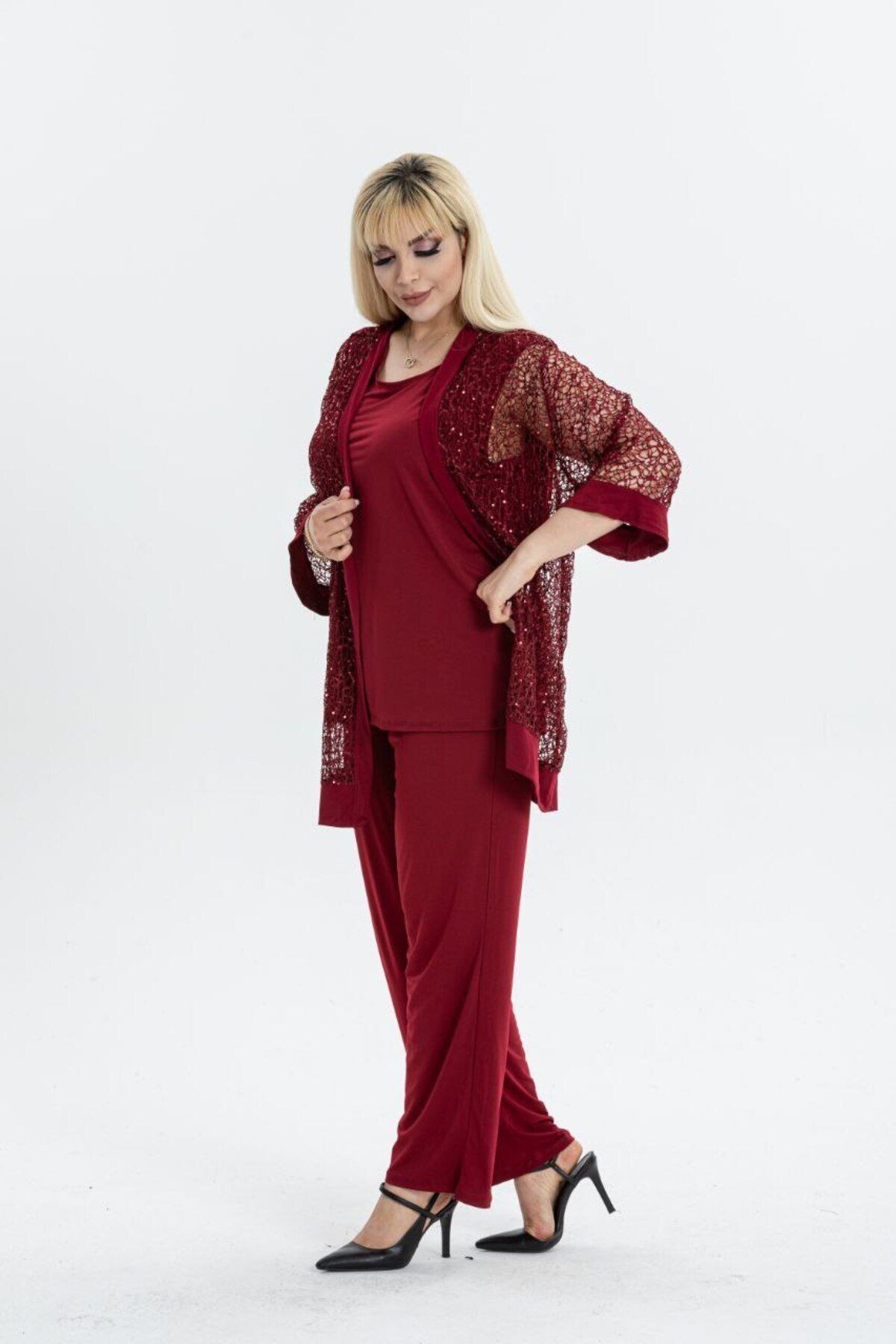 BÜYÜK BEDEN DANTELLİ HIRKA İÇ BLUZ VE PANTOLON 3LÜ TAKIM