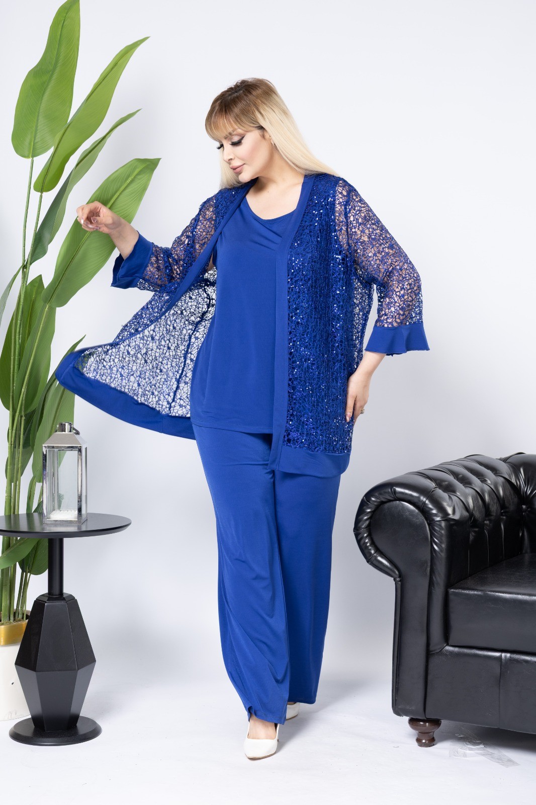 Saks Mavisi Abiye Büyük Beden Hırka Bluz Pantolon 3Lü Takım
