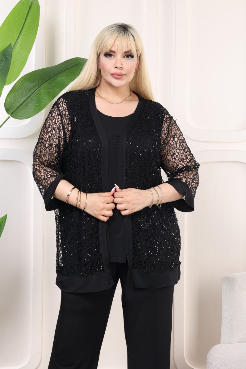 Siyah Abiye Büyük Beden Hırka Bluz Pantolon 3Lü Takım