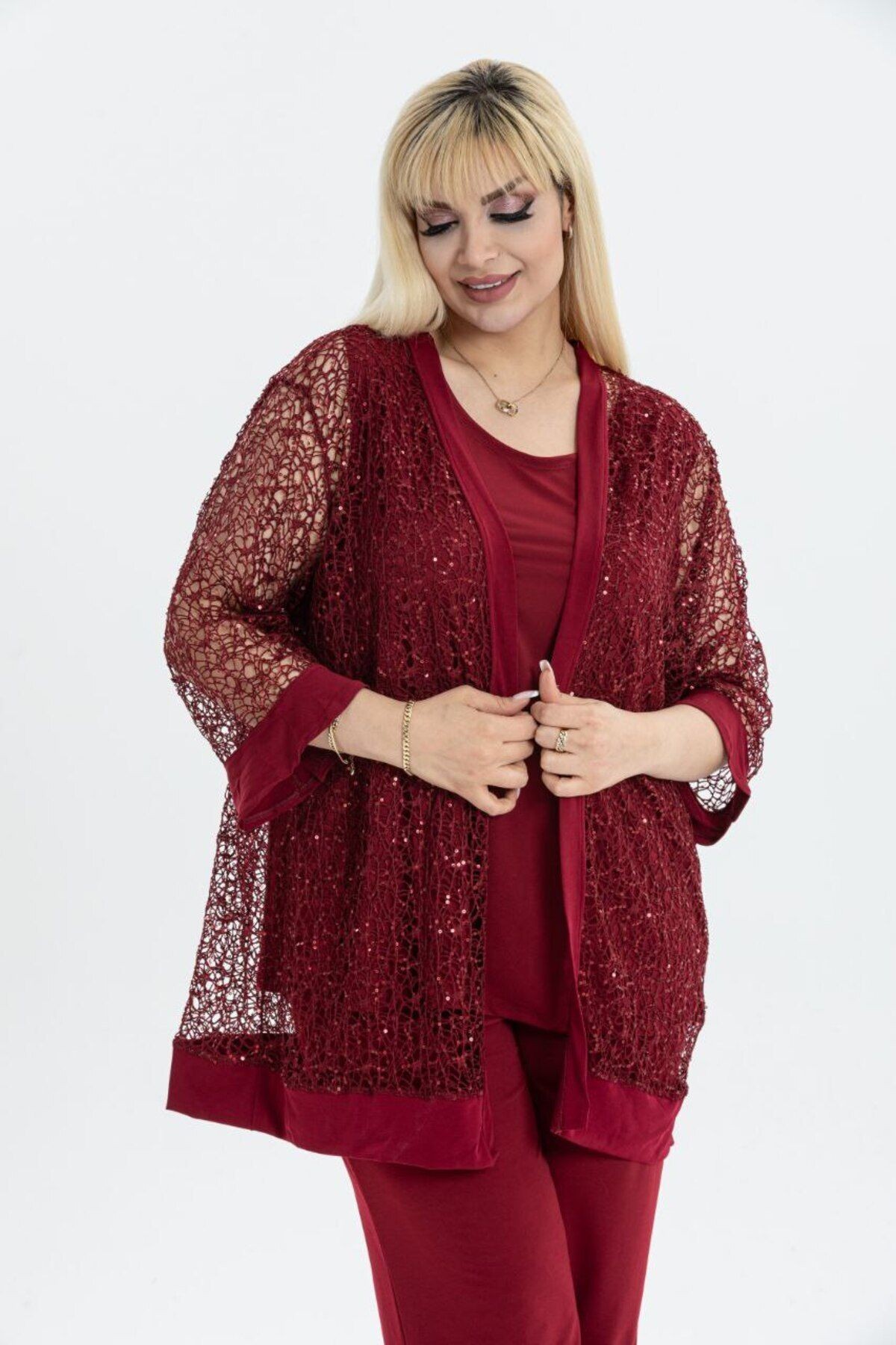 BÜYÜK BEDEN DANTELLİ HIRKA İÇ BLUZ VE PANTOLON 3LÜ TAKIM