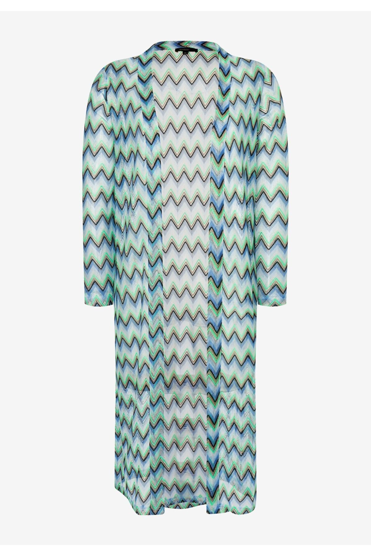 Yeşil Zigzag Desenli Uzun Hırka