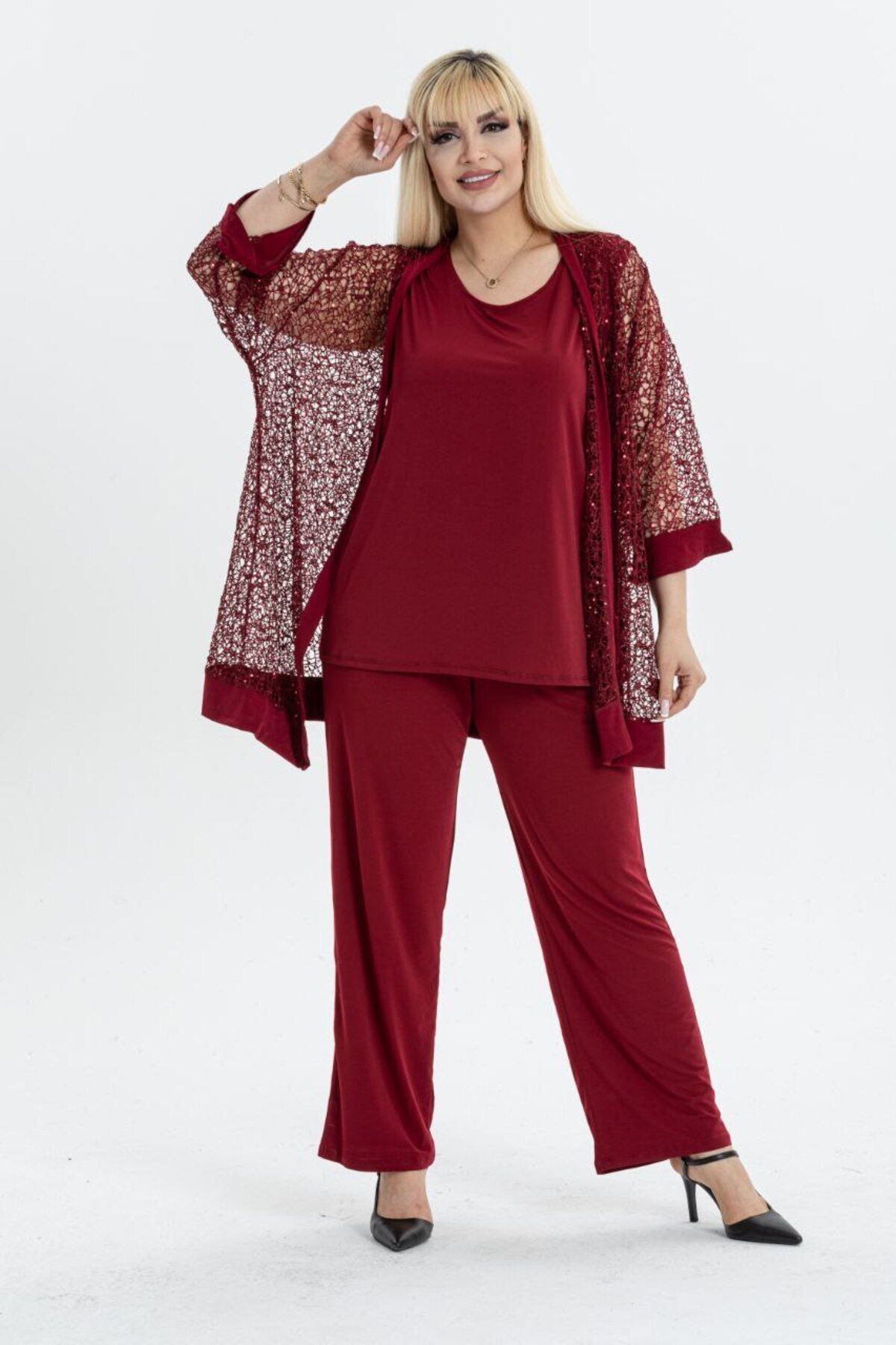 BÜYÜK BEDEN DANTELLİ HIRKA İÇ BLUZ VE PANTOLON 3LÜ TAKIM