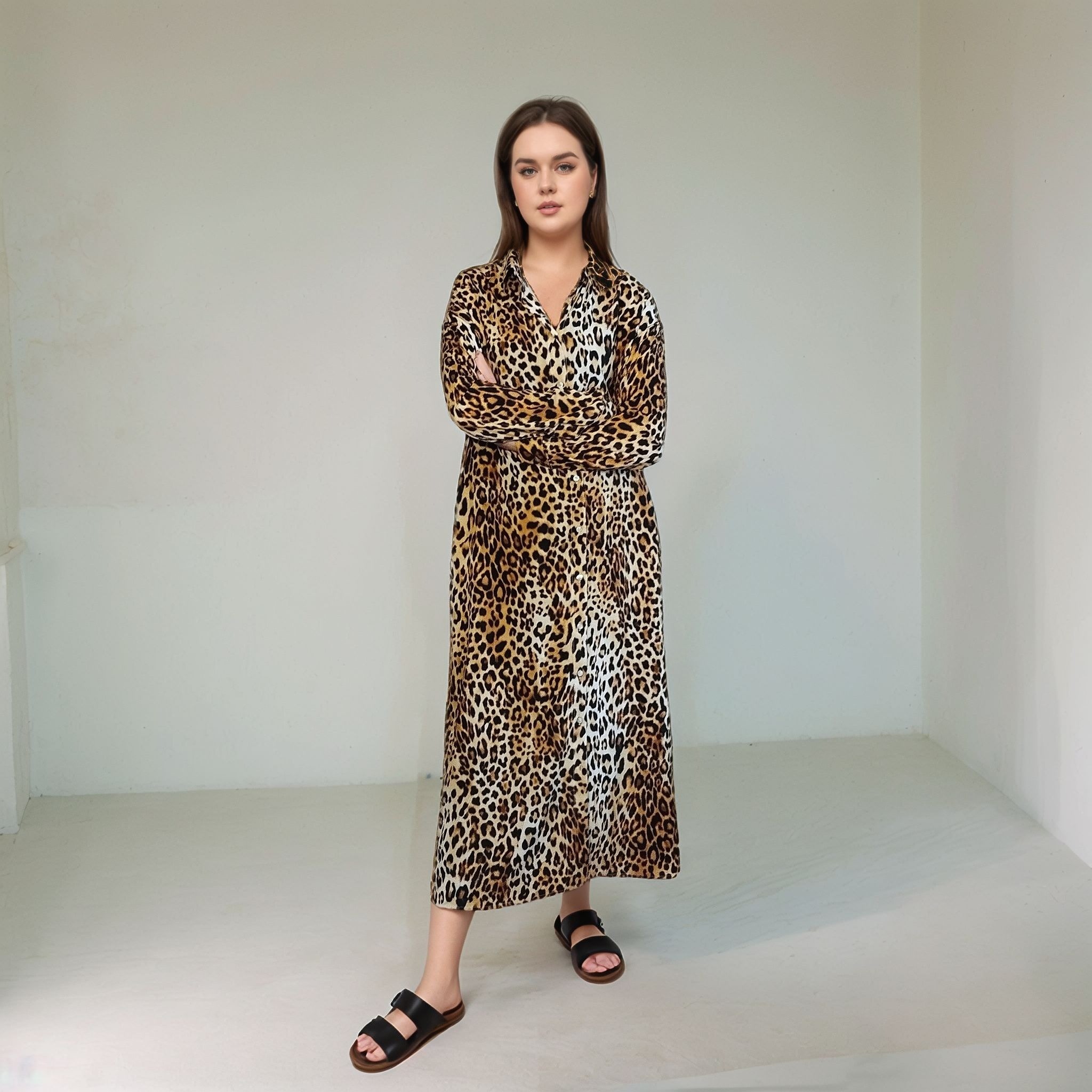 Leopar Desenli Uzun Gömlek Elbise - Leopar