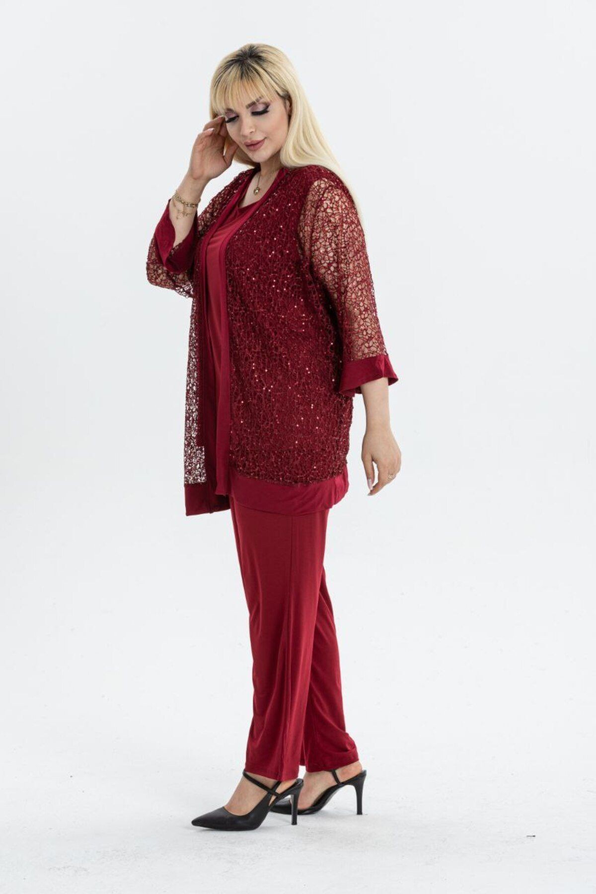 BÜYÜK BEDEN DANTELLİ HIRKA İÇ BLUZ VE PANTOLON 3LÜ TAKIM