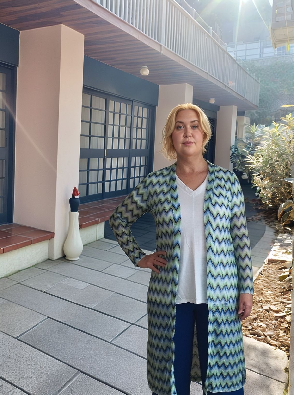 Yeşil Zigzag Desenli Uzun Hırka