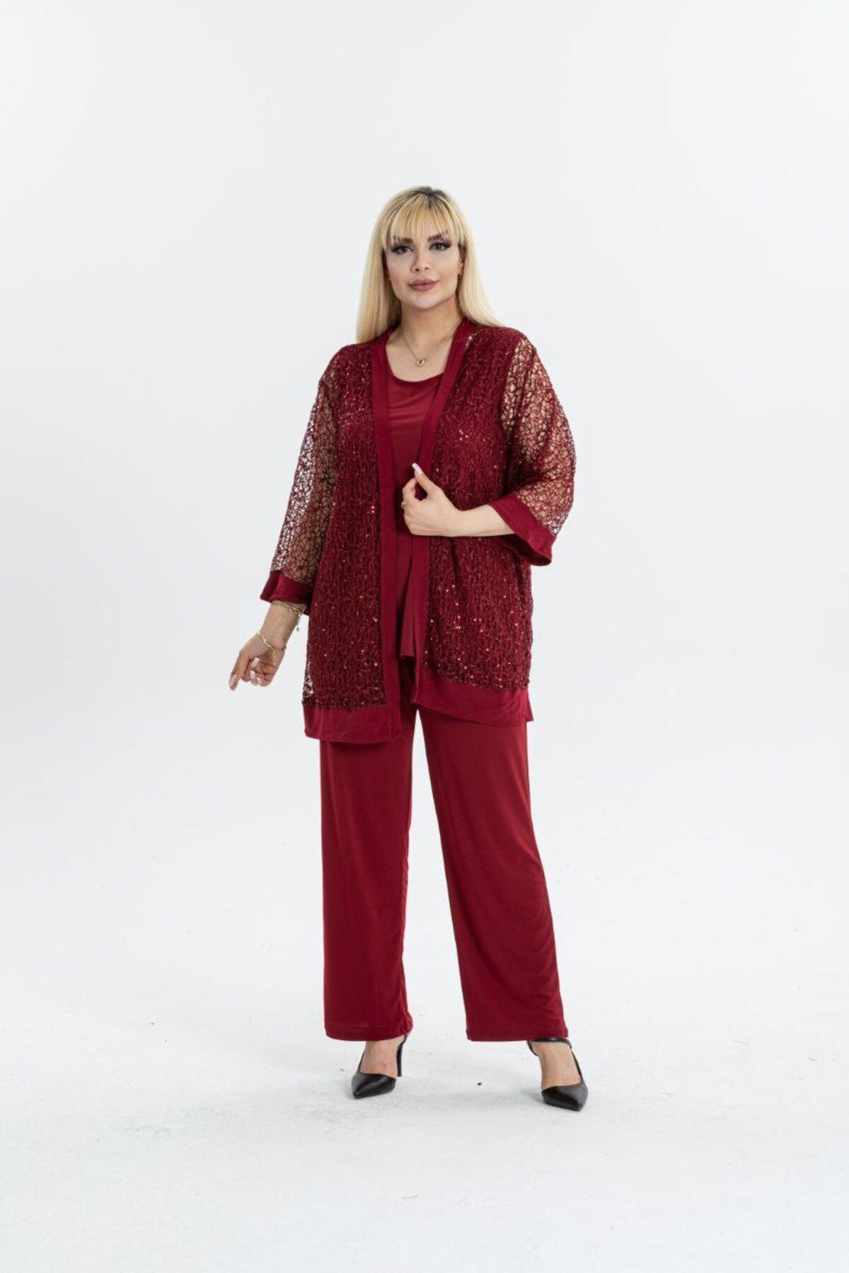 BÜYÜK BEDEN DANTELLİ HIRKA İÇ BLUZ VE PANTOLON 3LÜ TAKIM