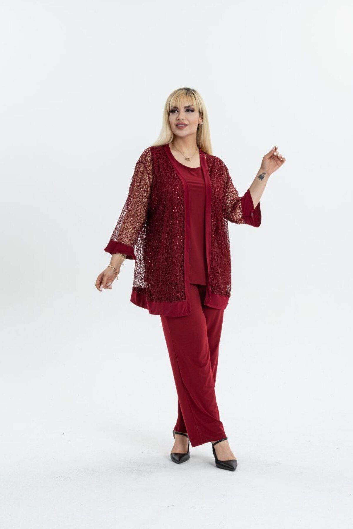 BÜYÜK BEDEN DANTELLİ HIRKA İÇ BLUZ VE PANTOLON 3LÜ TAKIM