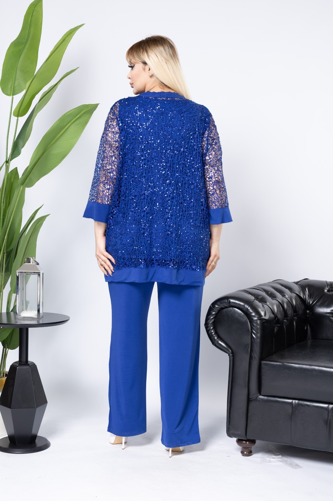 Saks Mavisi Abiye Büyük Beden Hırka Bluz Pantolon 3Lü Takım