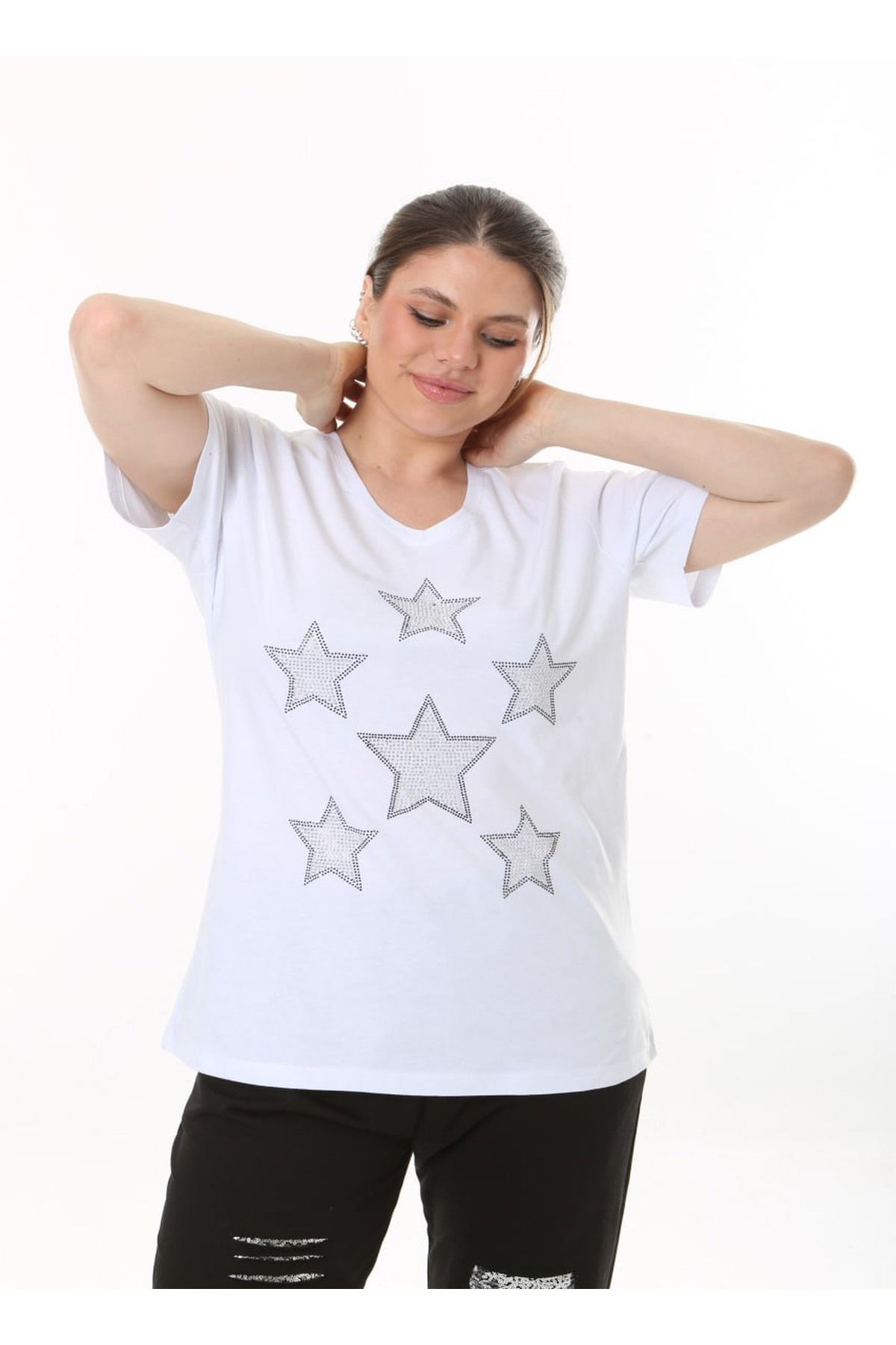 Büyük Beden Yıldız Desenli Taşlı V yaka Tshirt